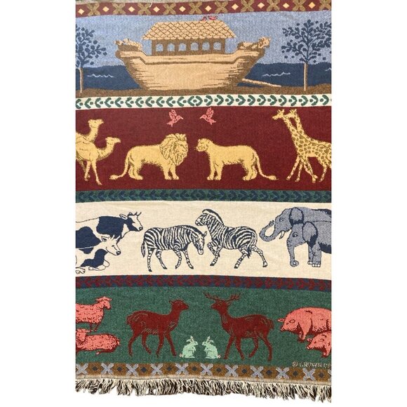 Vtg Crown Crafts Woven Throw Blanket Noah’s Ark Animals Christian Bible 55”x 45” - Picture 1 of 10